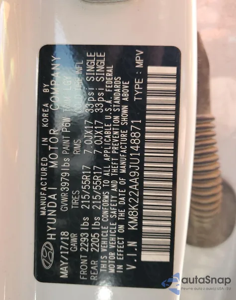 2018 Hyundai Kona Sel z USA, uszkodzony, nr VIN KM8K22AA9JU148871